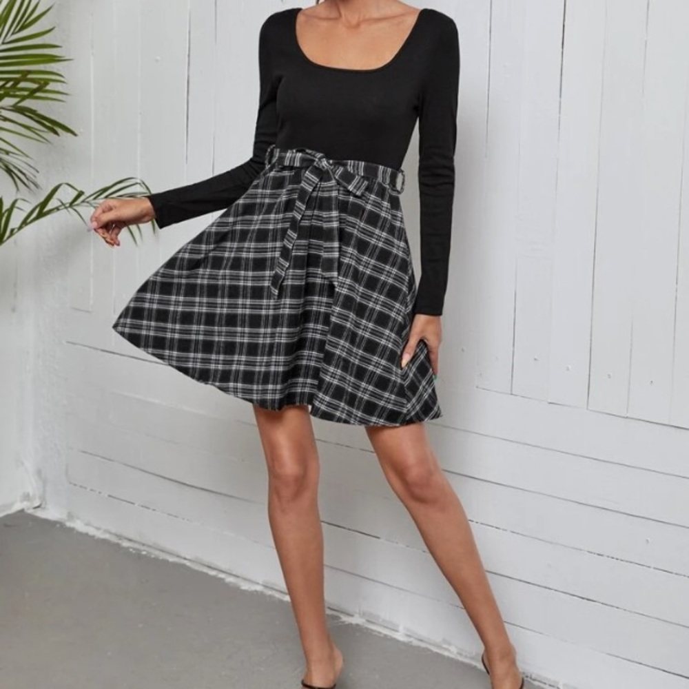Plaid Scoop Neck Belted Combo Dress - Picture 3 of 5